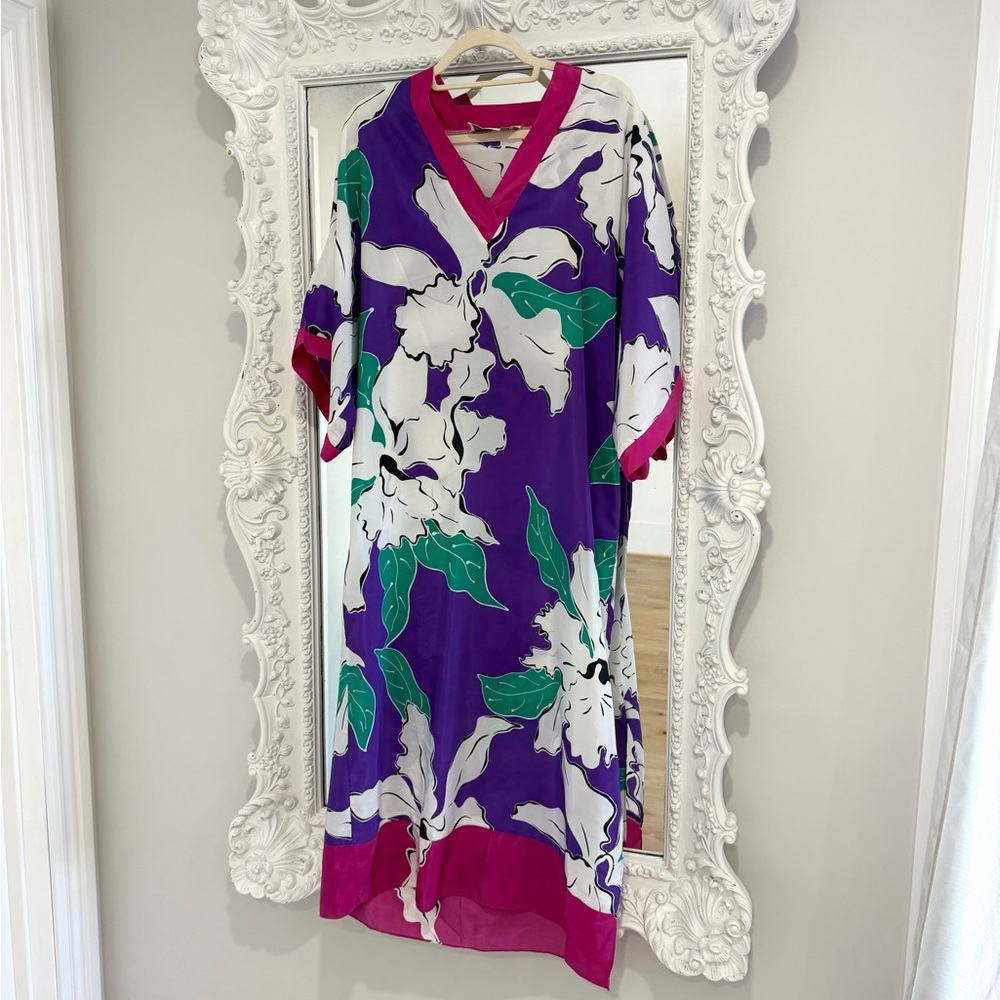Oscar de la Renta 1980s 1990s Colorful Floral Pattern Caftan Maxi Dress Gown